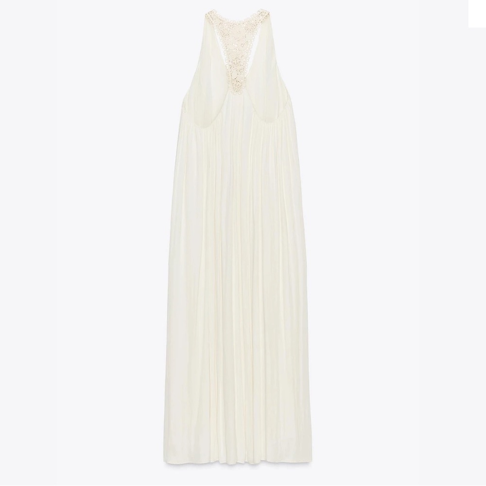 Flowy White Halter Maxi Dress Lace Back Beach Boho Romantic Bride Zara NWT M-L - Picture 13 of 13